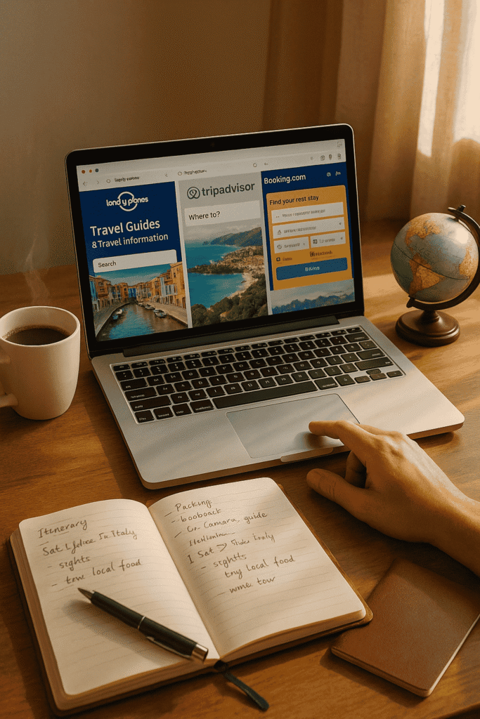 Traveler using travel guide websites for destination research and planning
