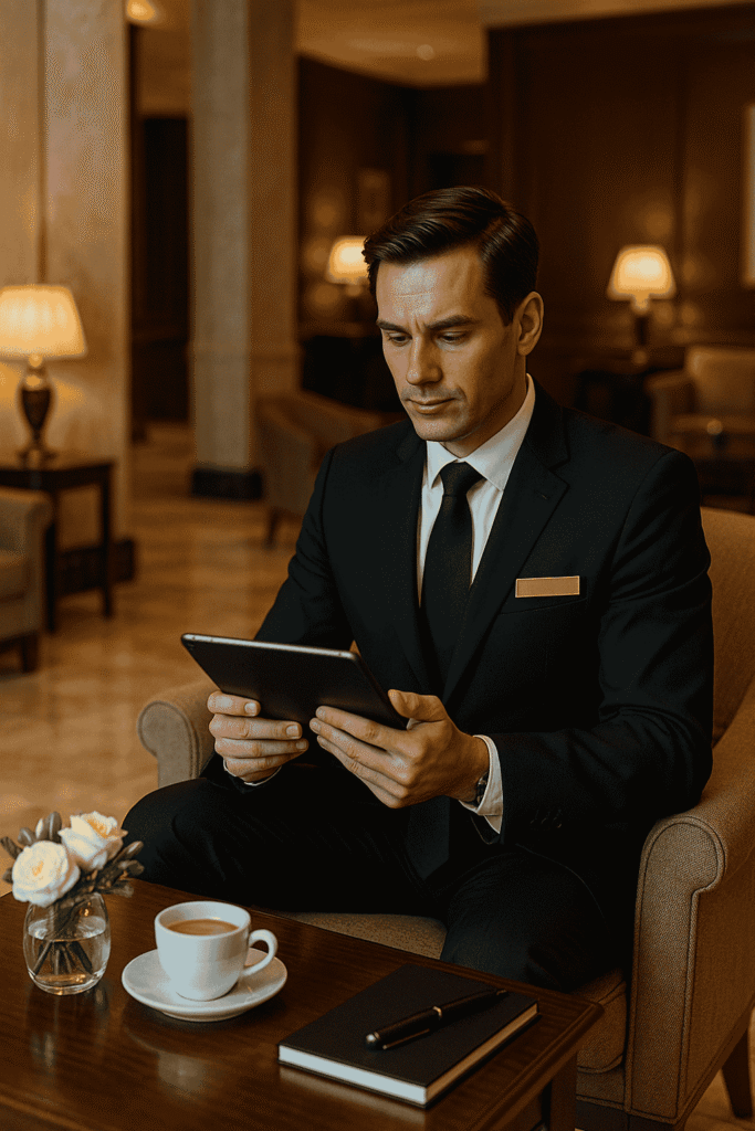 Senior hospitality management professional using technology to enhance guest experience