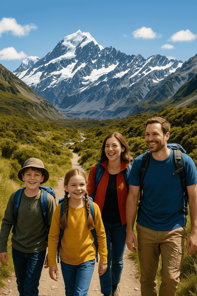 Family exploring scenic trails in New Zealand, one of the top family holiday destinations"