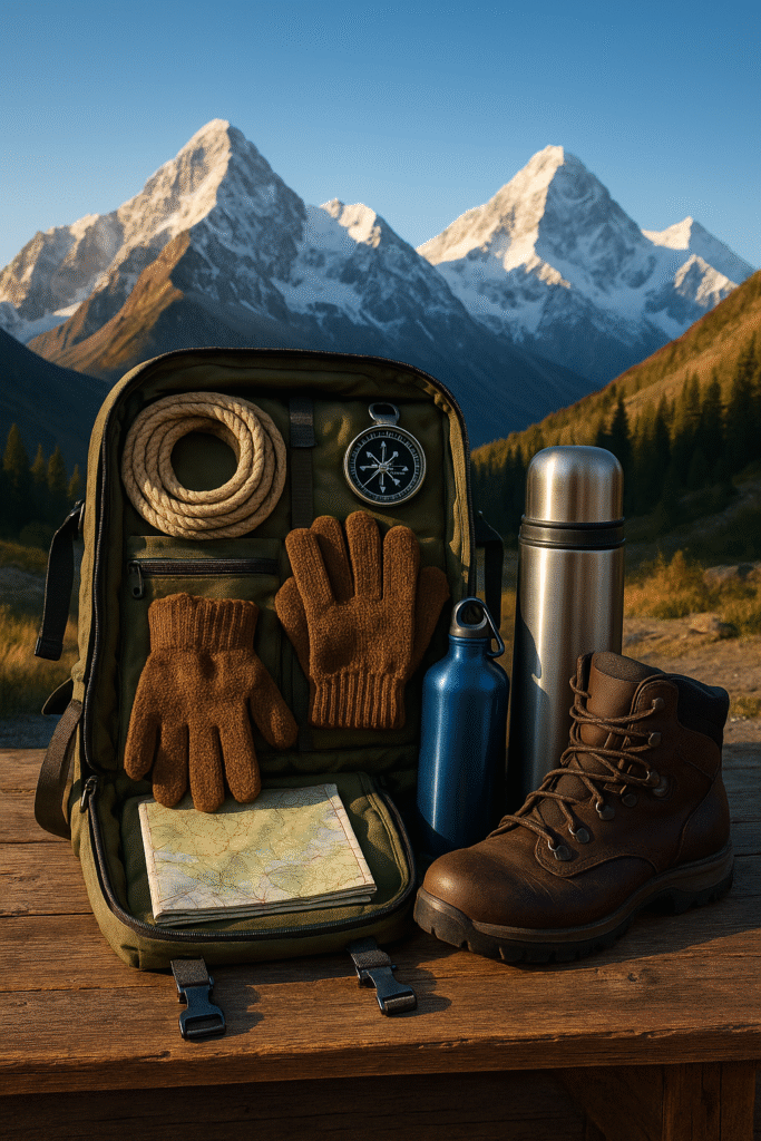 Essential things to carry while travelling to mountains organized in a backpack