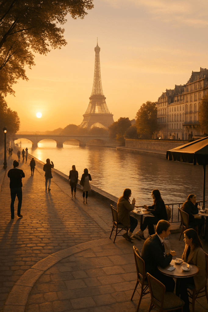 "France most touristy country Eiffel Tower sunrise tourists walking Seine River Paris