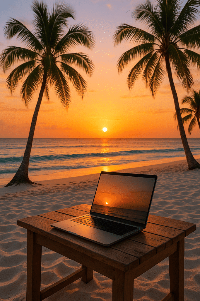 How to become a digital nomad in 2025 guide showing laptop workspace on tropical beach
