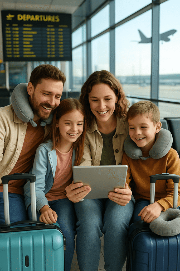 Family using travel guide websites to plan their vacation"