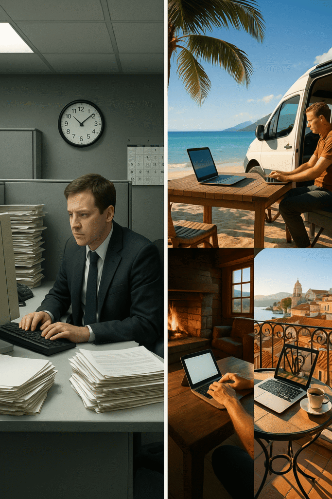 Comparison of traditional work vs remote work & free travel opportunities